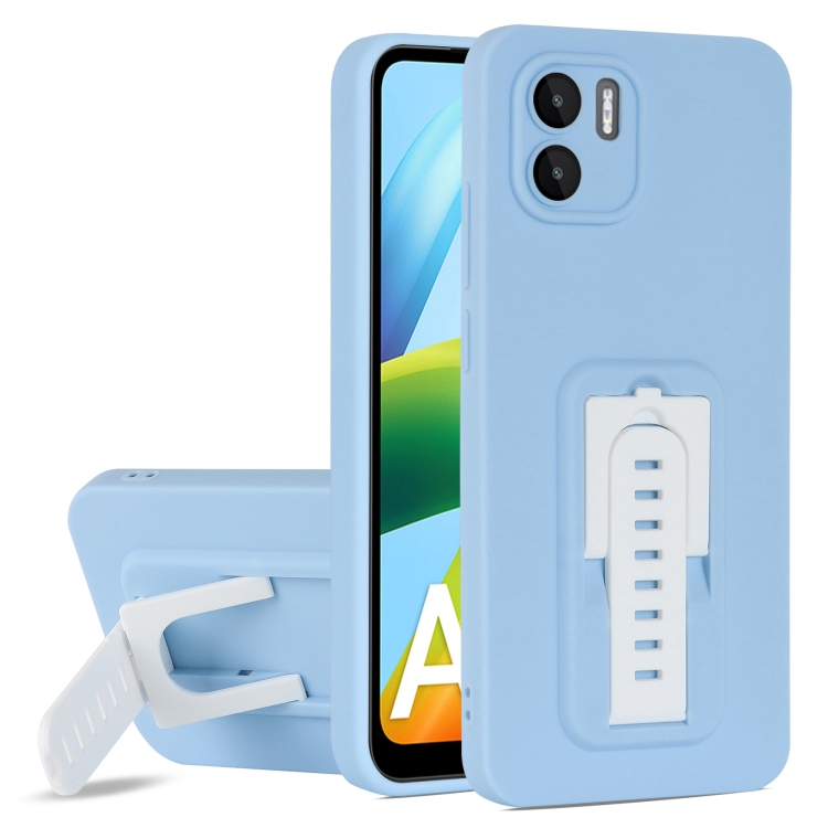 

For Xiaomi Redmi A1+ 4G Strap Holder Shockproof Protective Phone Case with Lens Film(Blue + White)