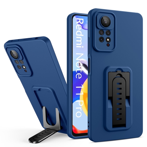 

For Xiaomi Redmi Note 11 Pro Global / Redmi Note 11 Pro 5G / Redmi Note 11 Pro+ Strap Holder Shockproof Protective Phone Case with Lens Film(Blue + Black)