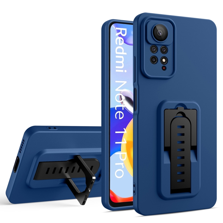 

For Xiaomi Redmi Note 11S / Redmi Note 11 4G Global Strap Holder Shockproof Protective Phone Case with Lens Film(Blue + Black)