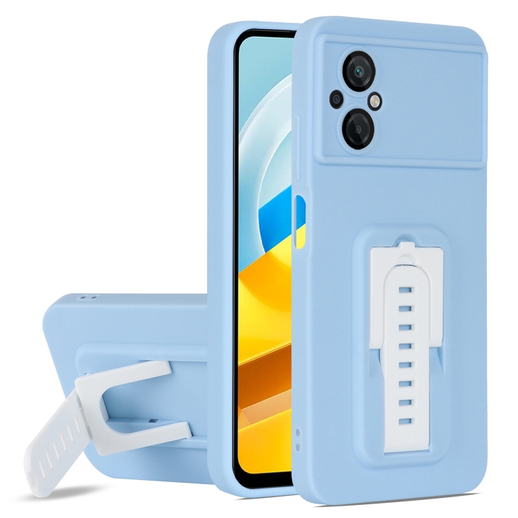 

For Xiaomi Poco M4 / M5 5G Strap Holder Shockproof Protective Phone Case with Lens Film(Blue + White)