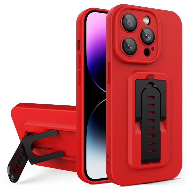 

For iPhone 13 Pro Strap Holder Shockproof Protective Phone Case with Lens Film(Red + Black)
