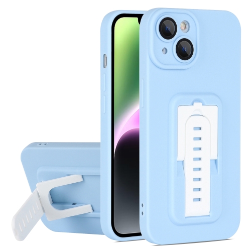 

For iPhone 13 Strap Holder Shockproof Protective Phone Case with Lens Film(Blue + White)