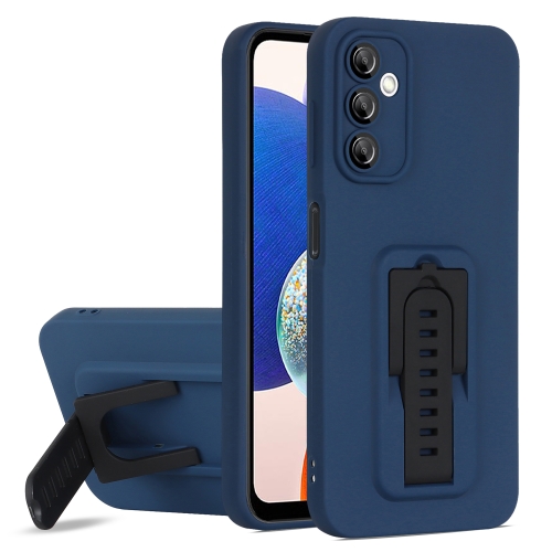 

For Samsung Galaxy A14 5G Strap Holder Shockproof Protective Phone Case with Lens Film(Blue + Black)