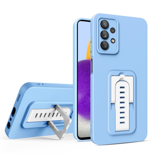 

For Samsung Galaxy A23 5G / A23 4G / M13 4G Strap Holder Shockproof Protective Phone Case with Lens Film(Blue + White)