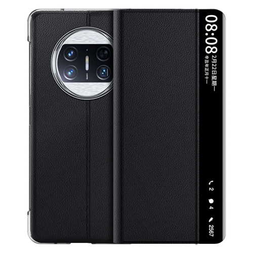 

For Huawei Mate X3 Plain Magnetic Phone Case with Smart View Window & Holder(Black)