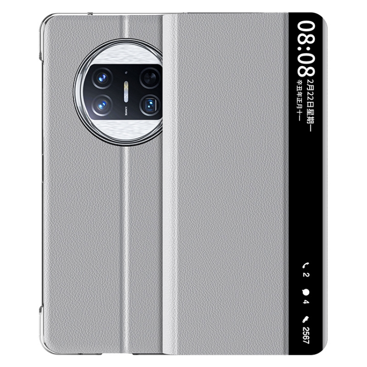 

For Huawei Mate X3 Plain Magnetic Phone Case with Smart View Window & Holder(Grey)