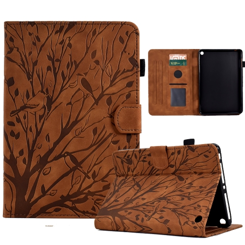 

For Amazon Fire HD 8 / HD 8 Plus 2020 2022 Fortune Tree Pressure Flower PU Tablet Case with Wake-up / Sleep Function(Brown)