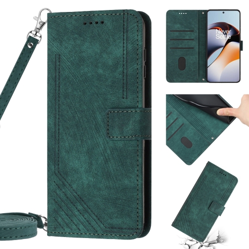 

For OnePlus 10T 5G Global Skin Feel Stripe Pattern Leather Phone Case with Lanyard(Green)