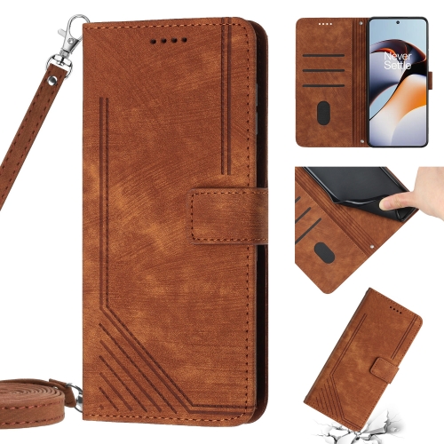 

For OnePlus 11 Skin Feel Stripe Pattern Leather Phone Case with Lanyard(Brown)