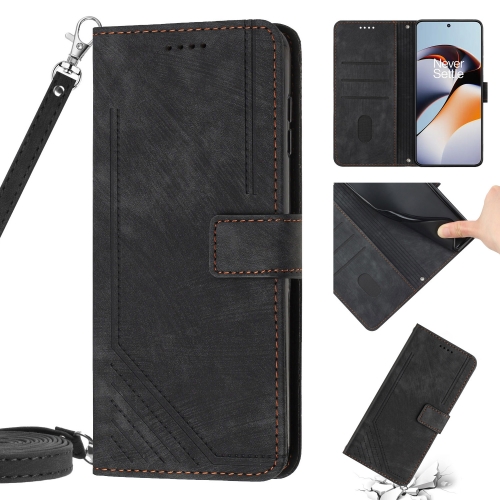 

For OnePlus Nord 2T Skin Feel Stripe Pattern Leather Phone Case with Lanyard(Black)