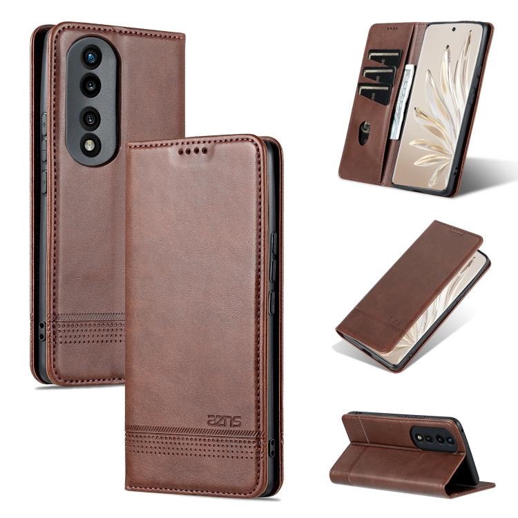 

For Honor 90 AZNS Magnetic Calf Texture Flip Leather Phone Case(Dark Brown)