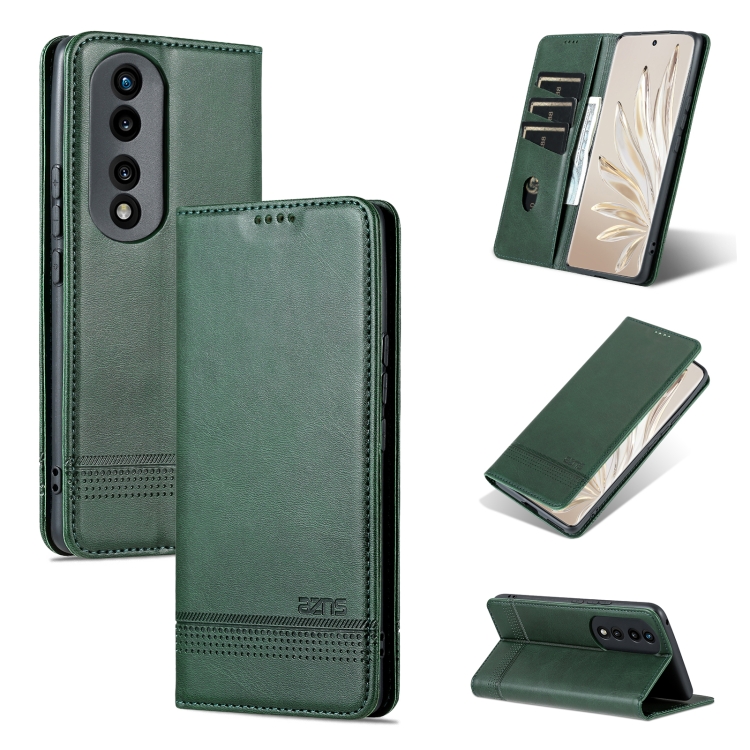 

For Honor 90 AZNS Magnetic Calf Texture Flip Leather Phone Case(Dark Green)