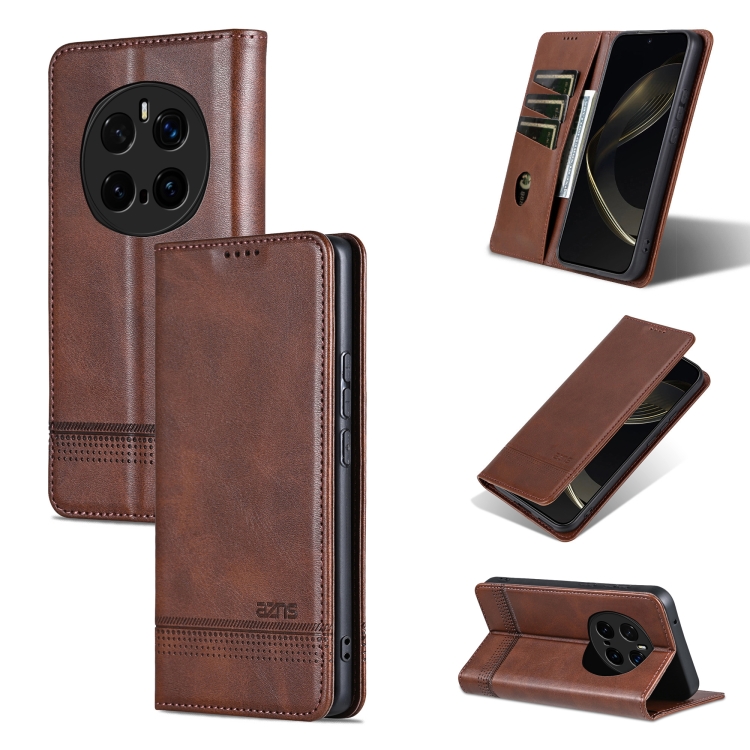 

For Honor Magic7 Pro AZNS Magnetic Calf Texture Flip Leather Phone Case(Dark Brown)
