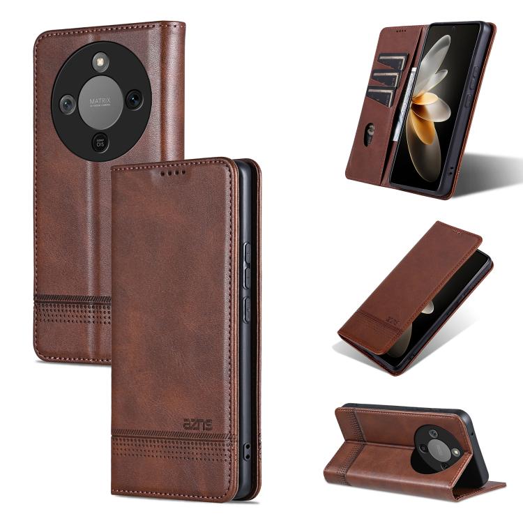 

For Honor X70 5G AZNS Magnetic Calf Texture Flip Leather Phone Case(Dark Brown)