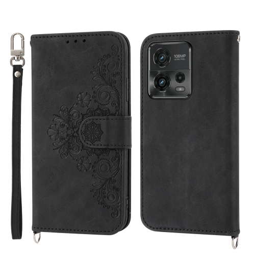 

For Motorola Moto G13 4G/G53 5G/G23 4G Skin-feel Flowers Embossed Wallet Leather Phone Case(Black)