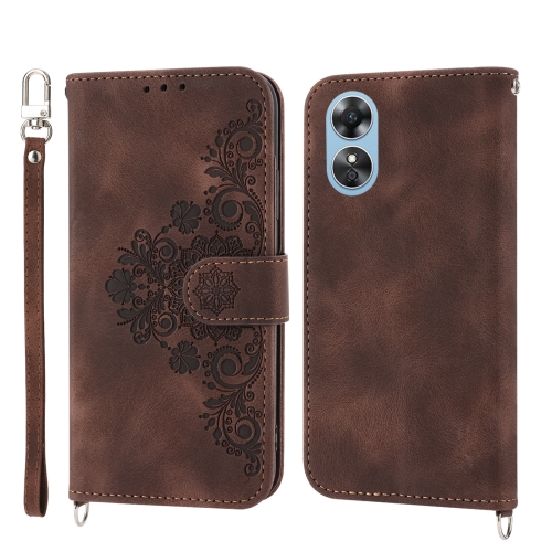 

For OPPO Reno8 T 4G Global Skin-feel Flowers Embossed Wallet Leather Phone Case(Brown)