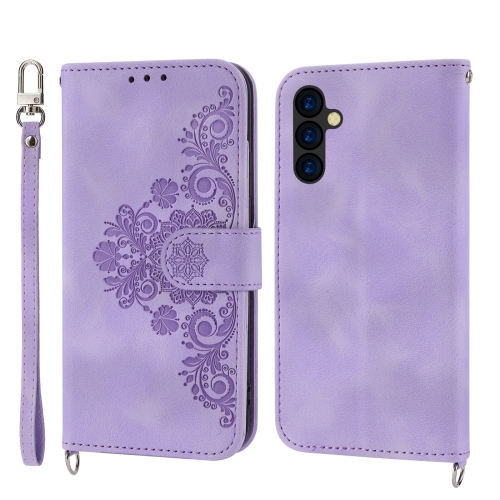

For Samsung Galaxy A24 4G Global Skin-feel Flowers Embossed Wallet Leather Phone Case(Purple)