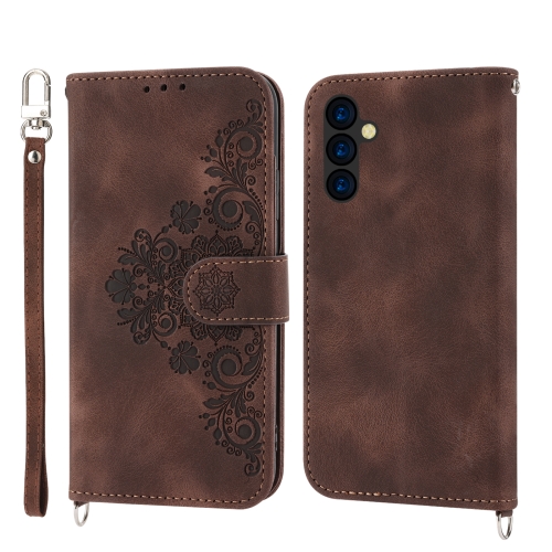 

For Samsung Galaxy A24 4G Global Skin-feel Flowers Embossed Wallet Leather Phone Case(Brown)