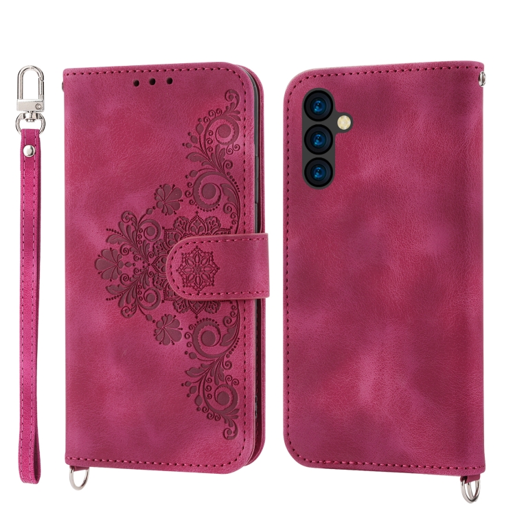

For Samsung Galaxy M14 5G Global Skin-feel Flowers Embossed Wallet Leather Phone Case(Wine Red)