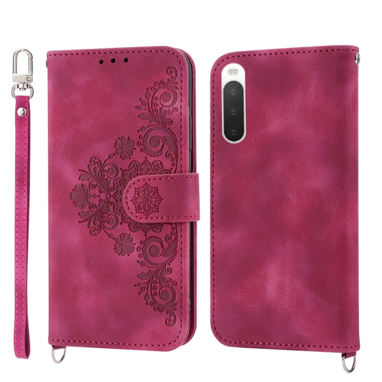 

For Sony Xperia 10 V 4G Skin-feel Flowers Embossed Wallet Leather Phone Case(Wine Red)