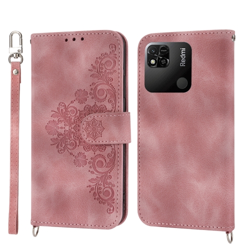 

For Xiaomi Redmi 12C/11A Skin-feel Flowers Embossed Wallet Leather Phone Case(Pink)