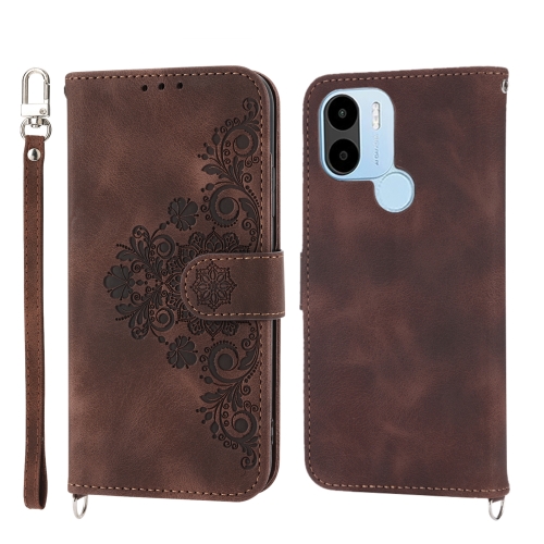 

For Xiaomi Redmi A1+ 4G/Poco C50 4G Skin-feel Flowers Embossed Wallet Leather Phone Case(Brown)