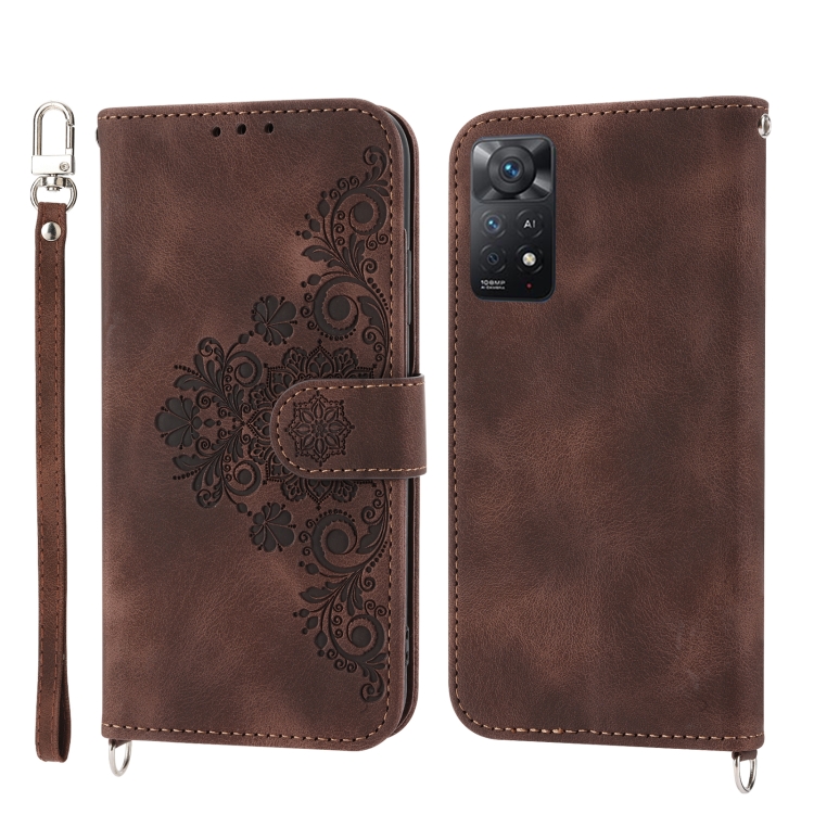 

For Xiaomi Redmi K60/K60 Pro Skin-feel Flowers Embossed Wallet Leather Phone Case(Brown)