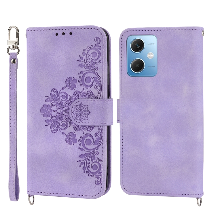 

For Xiaomi Redmi Note 12 4G Global Skin-feel Flowers Embossed Wallet Leather Phone Case(Purple)