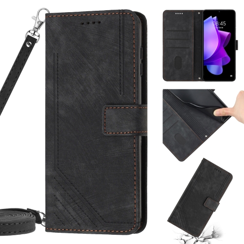

For Tecno Spark Go 2022 / Spark 8C Skin Feel Stripe Pattern Leather Phone Case with Lanyard(Black)