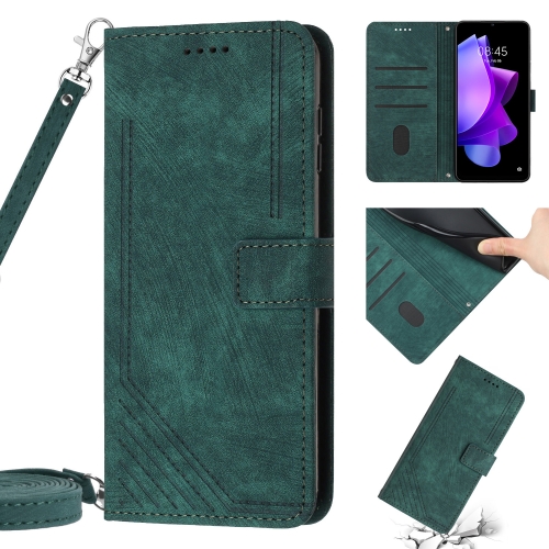 

For Tecno Spark 9T Skin Feel Stripe Pattern Leather Phone Case with Lanyard(Green)