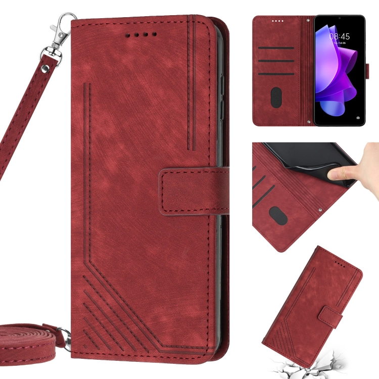 

For Tecno Pova 2 Skin Feel Stripe Pattern Leather Phone Case with Lanyard(Red)