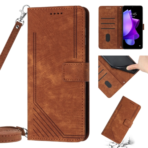 

For Tecno Pop 6 Pro Skin Feel Stripe Pattern Leather Phone Case with Lanyard(Brown)