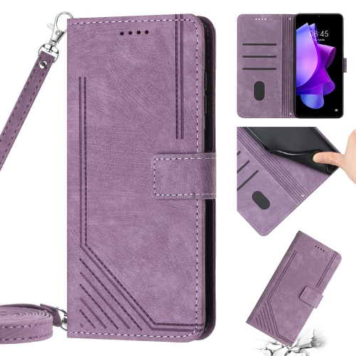 

For Tecno Pop 5 LTE Skin Feel Stripe Pattern Leather Phone Case with Lanyard(Purple)