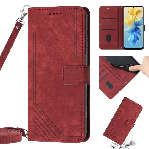 

For Infinix Hot 12i Skin Feel Stripe Pattern Leather Phone Case with Lanyard(Red)