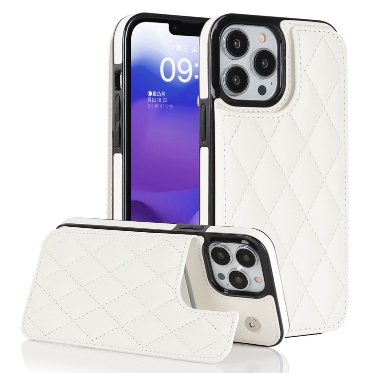 

For iPhone 13 Pro Double Buckle Rhombic PU Leather Phone Case(White)
