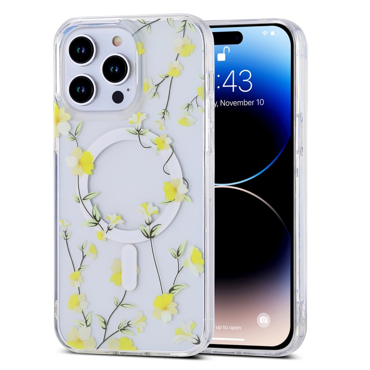 

For iPhone 14 Transparent Double Sided Magsafe Phone Case(Yellow Flower)