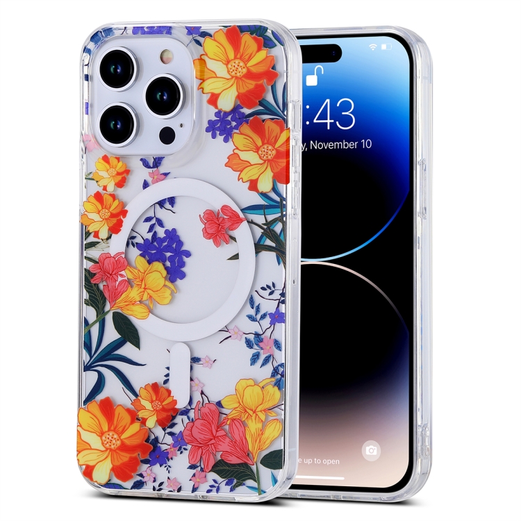 

For iPhone 14 Pro Transparent Double Sided Magsafe Phone Case(Color Flower)