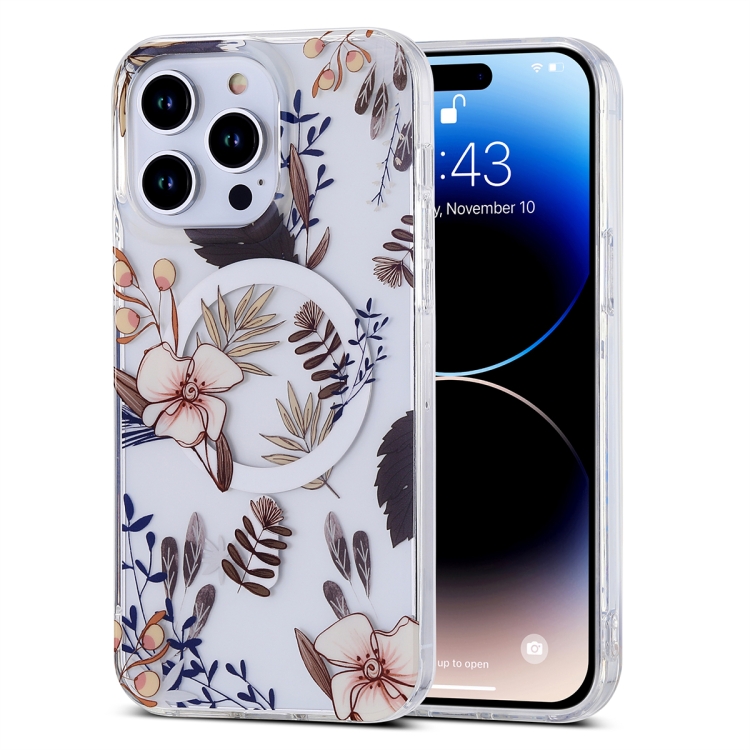 

For iPhone 13 Pro Transparent Double Sided Magsafe Phone Case(Brown Flower)