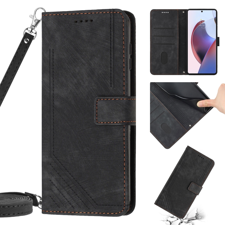 

For Motorola Edge 30 Skin Feel Stripe Pattern Leather Phone Case with Lanyard(Black)