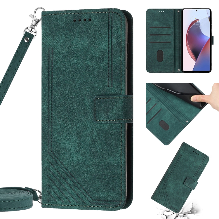 

For Motorola Moto E13 Skin Feel Stripe Pattern Leather Phone Case with Lanyard(Green)