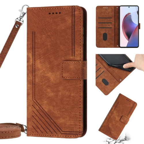 

For Motorola Moto E22 / E22i Skin Feel Stripe Pattern Leather Phone Case with Lanyard(Brown)