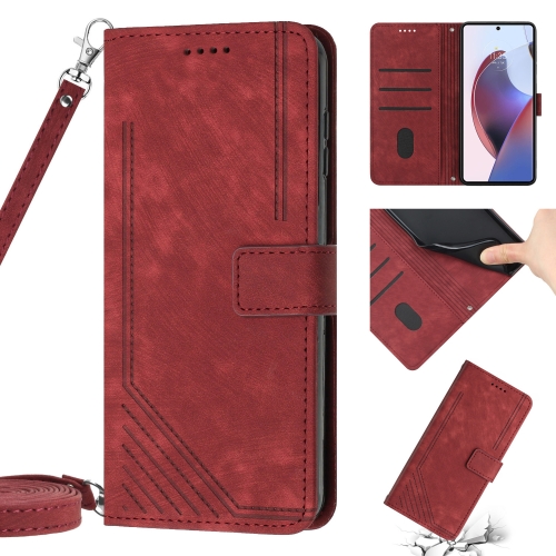 

For Motorola Moto E22 / E22i Skin Feel Stripe Pattern Leather Phone Case with Lanyard(Red)