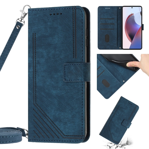 

For Motorola Moto E32 Skin Feel Stripe Pattern Leather Phone Case with Lanyard(Blue)