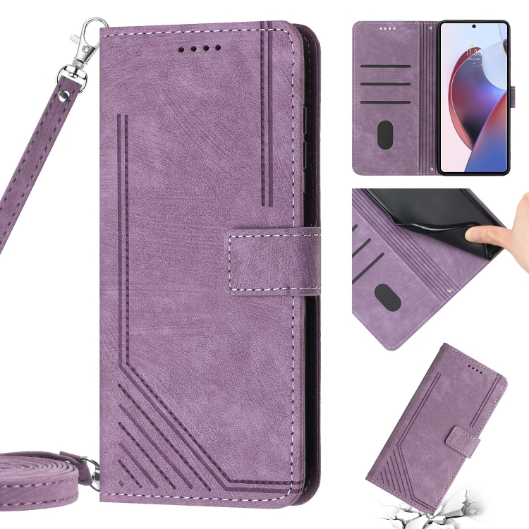 

For Motorola Moto G 5G 2022 Skin Feel Stripe Pattern Leather Phone Case with Lanyard(Purple)