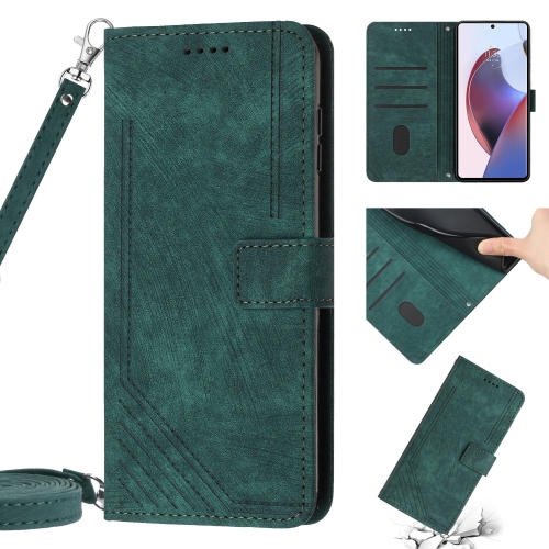 

Motorola Moto G Stylus 2021 Skin Feel Stripe Pattern Leather Phone Case with Lanyard(Green)