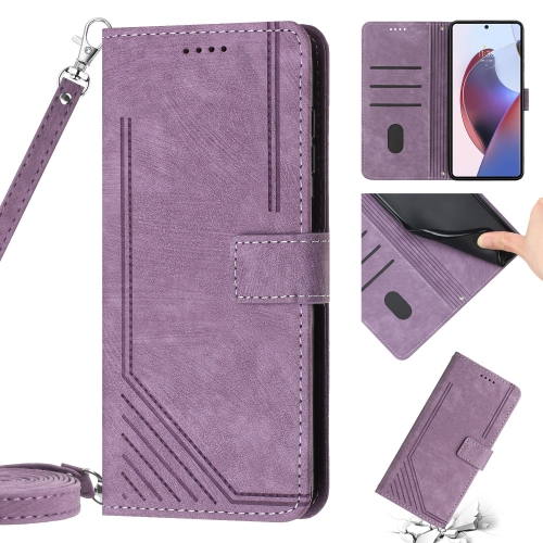 

For Motorola Moto G73 Skin Feel Stripe Pattern Leather Phone Case with Lanyard(Purple)