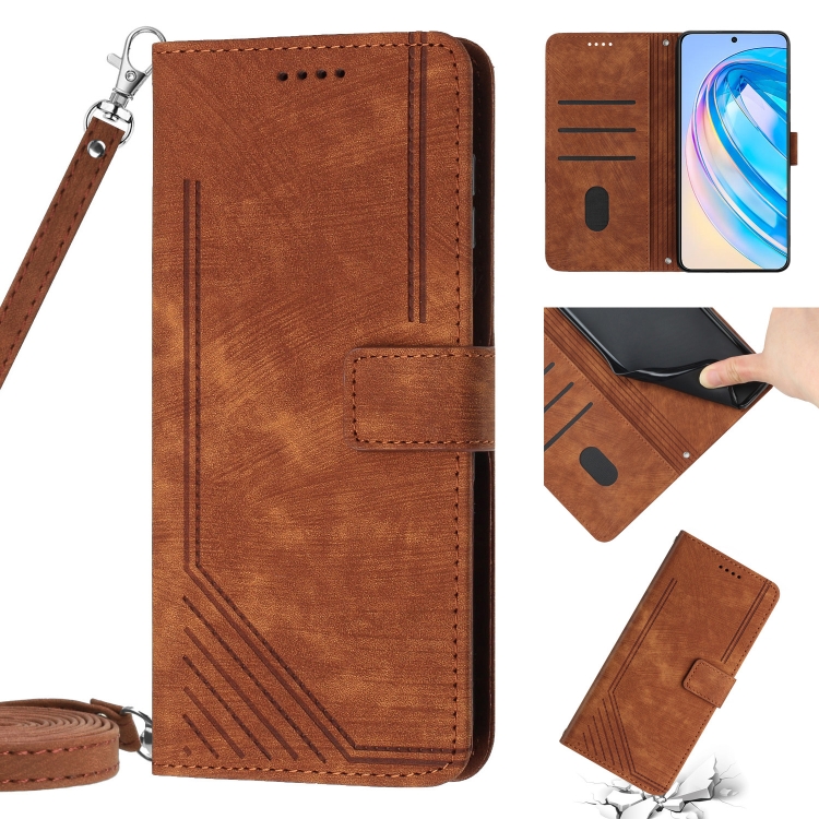 

For Honor 70 Skin Feel Stripe Pattern Leather Phone Case with Lanyard(Brown)
