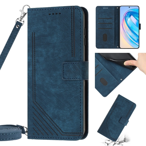 

For Honor X8 5G / Play6C 5G / X6 4G Skin Feel Stripe Pattern Leather Phone Case with Lanyard(Blue)