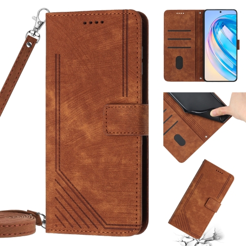 

Honor X9a 5G / Magic5 Lite Skin Feel Stripe Pattern Leather Phone Case with Lanyard(Brown)