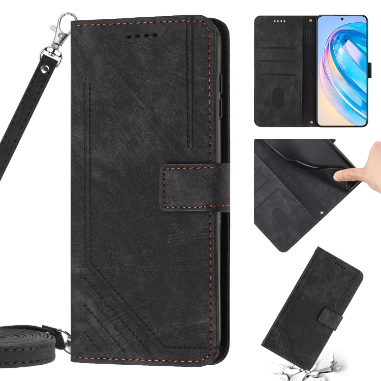 

For Honor 9X Lite / 8X Skin Feel Stripe Pattern Leather Phone Case with Lanyard(Black)